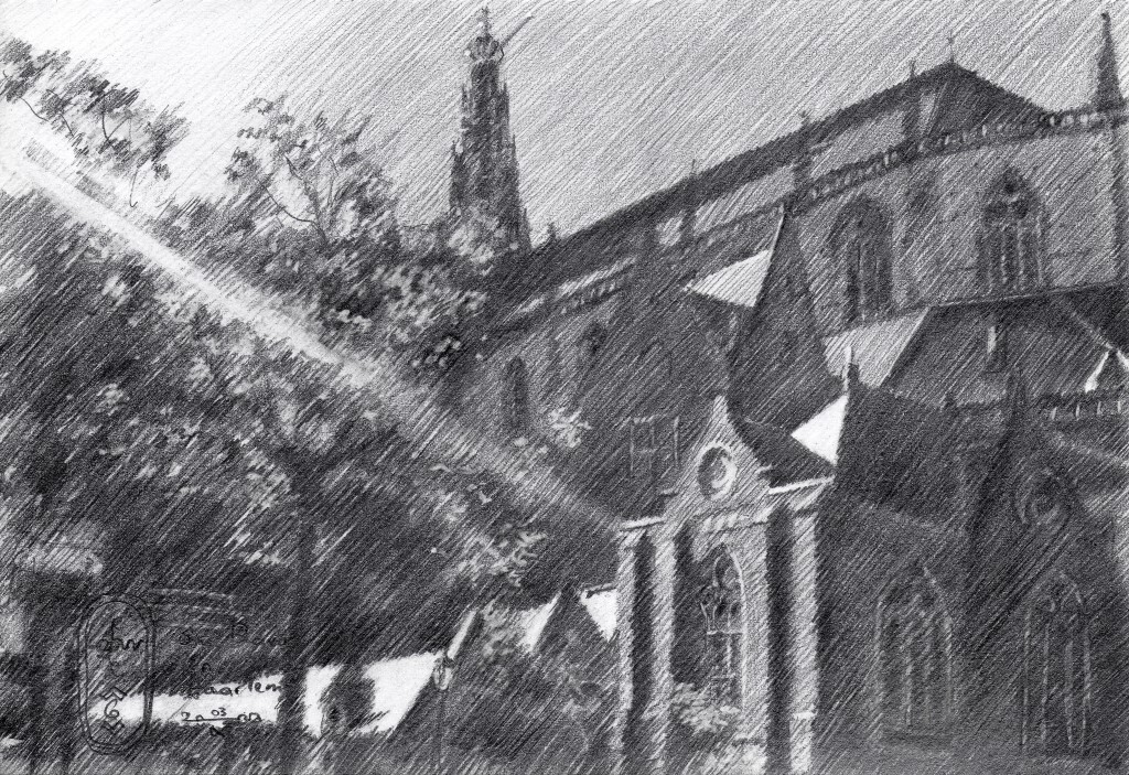 impressionist church graphite pencil drawing