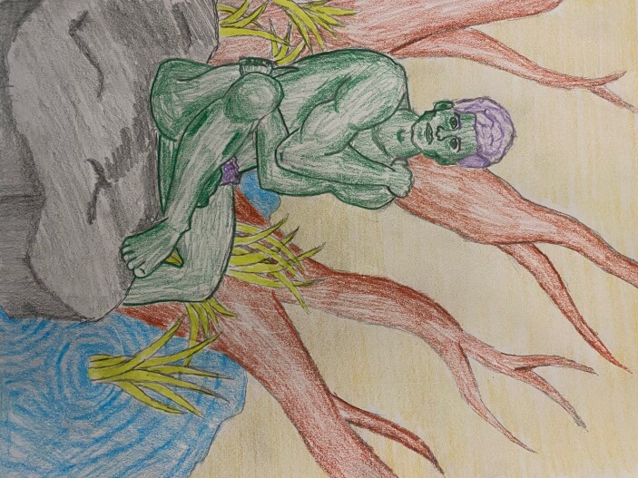 Drawing of green man sitting on a rock - colored pencils and graphite