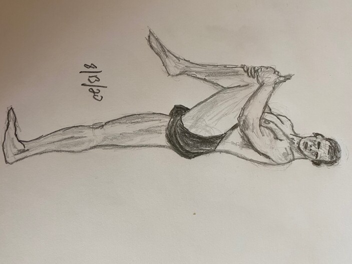 swimmer stretching left quad - in pencil