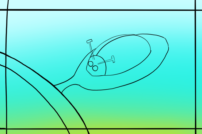 a simple line art drawing of a bug on a leaf with a boarder