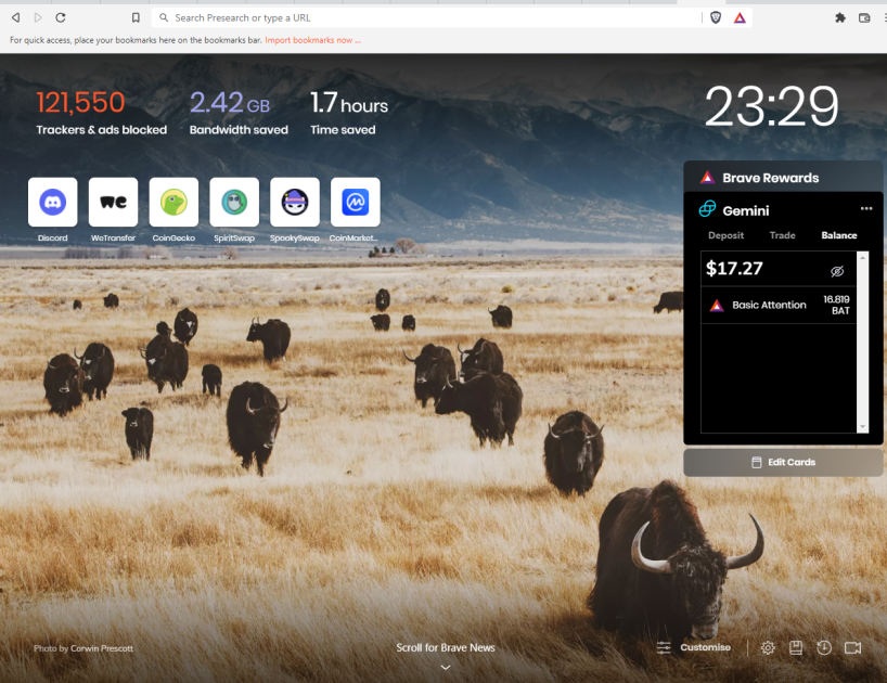 Brave Browser Time bandwidth saved and BAT earned