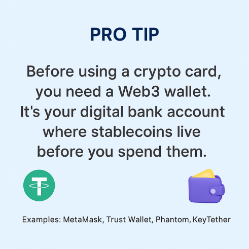 Pro tip card explaining that before using a crypto card, freelancers need a Web3 wallet like MetaMask, Trust Wallet, Phantom, or KeyTether to store stablecoins securely before spending.