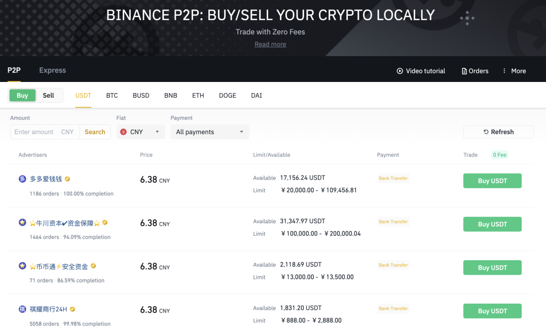 Binance P2P trading