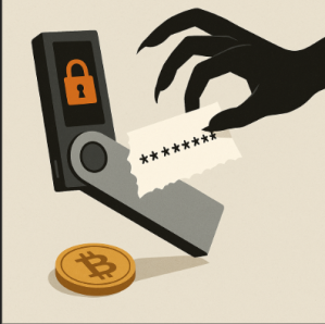 Illustration of a cold wallet being compromised by a shadowy hand stealing a private key, representing cold wallet hacks and security vulnerabilities.
