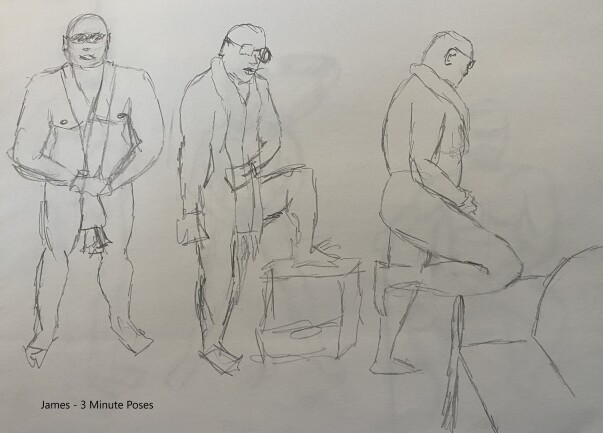 James in three poses, wearing a scarf - pencil sketches