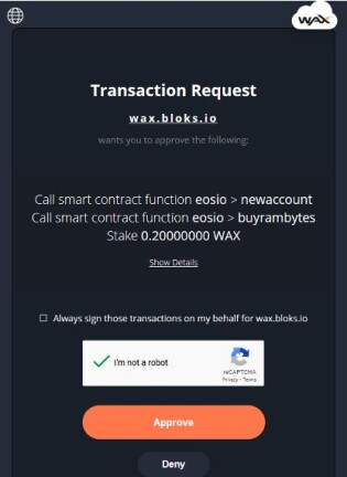 WAX Wallet create account transaction