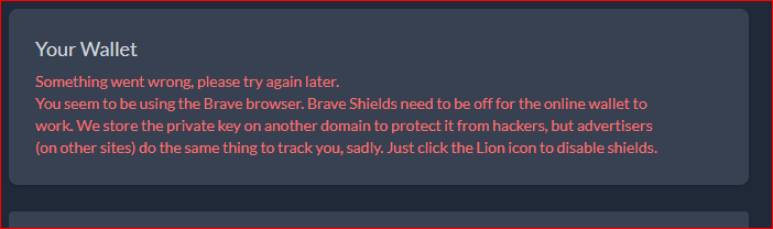 Disable Brave Shield to access Online Wallet