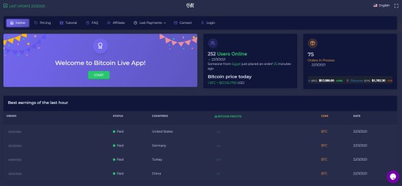 Opening Page of Bitcoin Live App Website