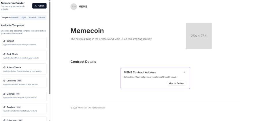 Interface of memecoin website builder