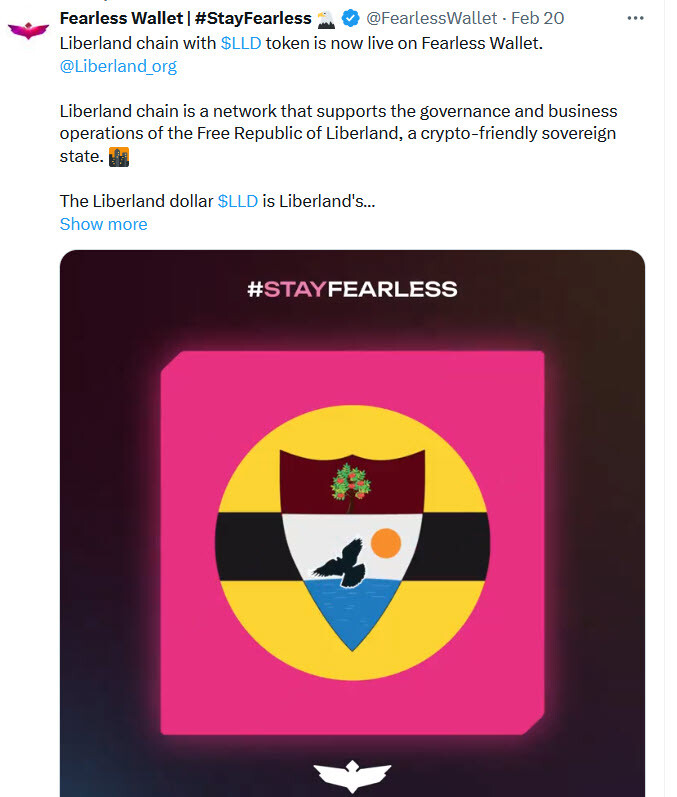 #Liberland chain with $LLD token is now live on Fearless Wallet!  @FearlessWallet   📱 Download for iOS/Android: https://qrcodes.pro/03tA5y 💻 Download for browser extension: https://qrcodes.pro/dr0Fwi  #StayFearless with multi-chain! #LLD