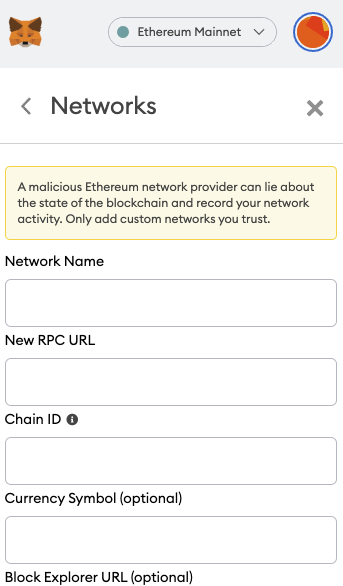 Metmask add network menu