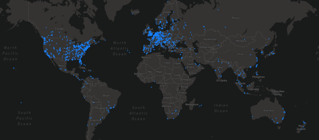 Map showing the nodes running in a certain region