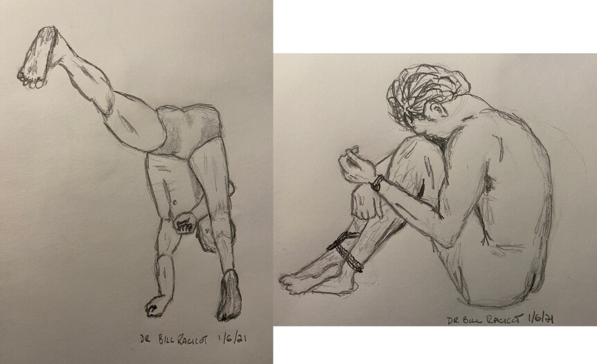 Diptych in pencil: flying kick and tied up man