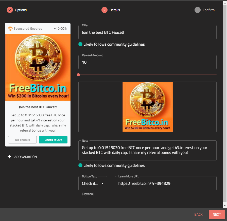 Sponsored Geodrop - Freebitco.in