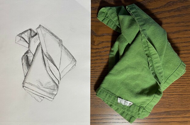 comparison: on right, actual crumpled napkin - on left, drawing in pencil