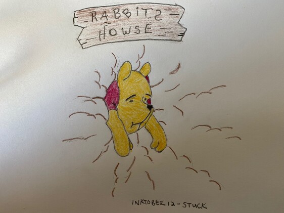 Pooh bear stuck in hole - fan art in colored pencil and pencil