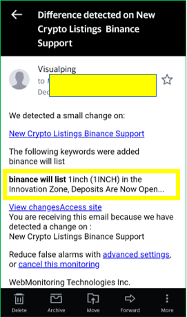 Visual ping alerts via email as soon as Binance posts a new listing announcement