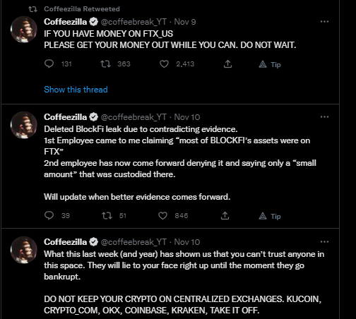 Series of CoffeeZilla Tweets, as he warns about Crypto.com CEO moving mass funds to a