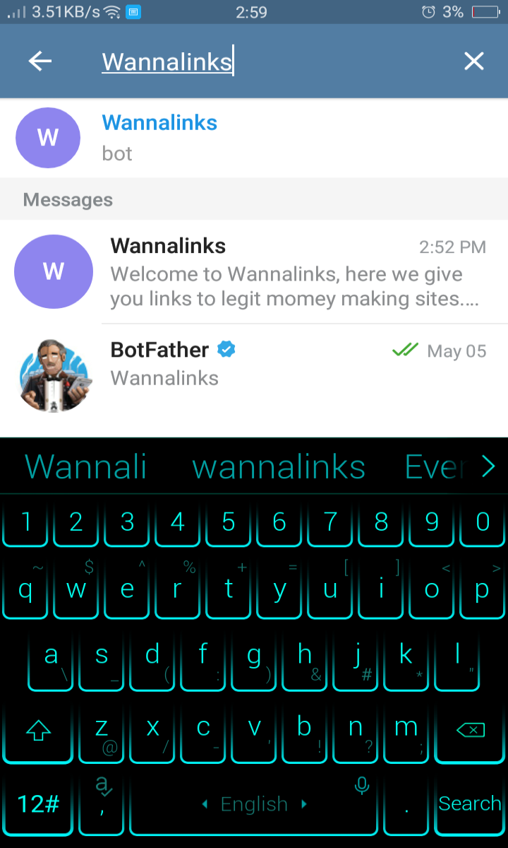 Searching Wannalinks on Telegram