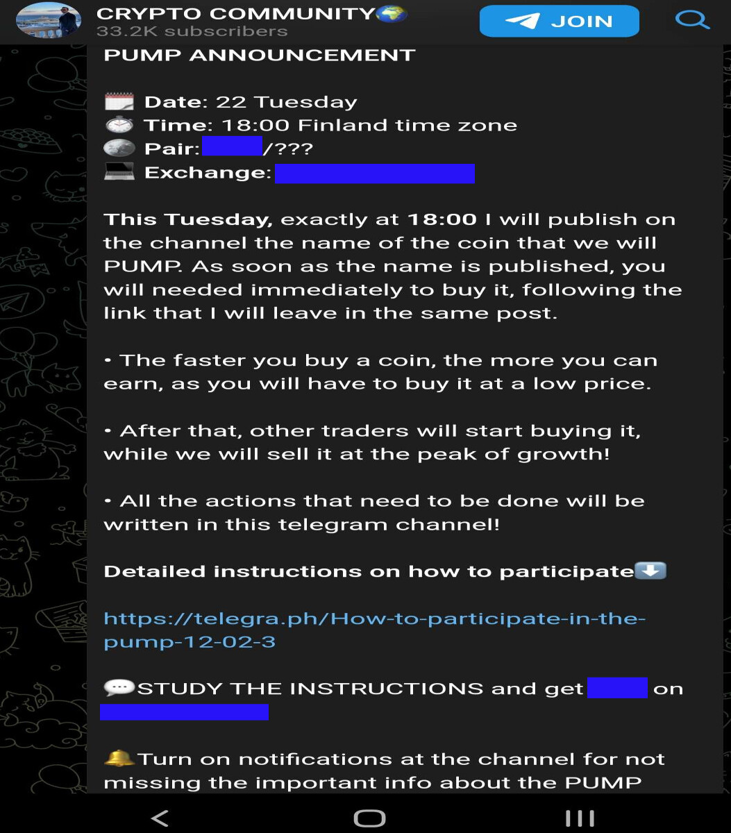 Screenshot of pump and dump guidelines from an IG scam account