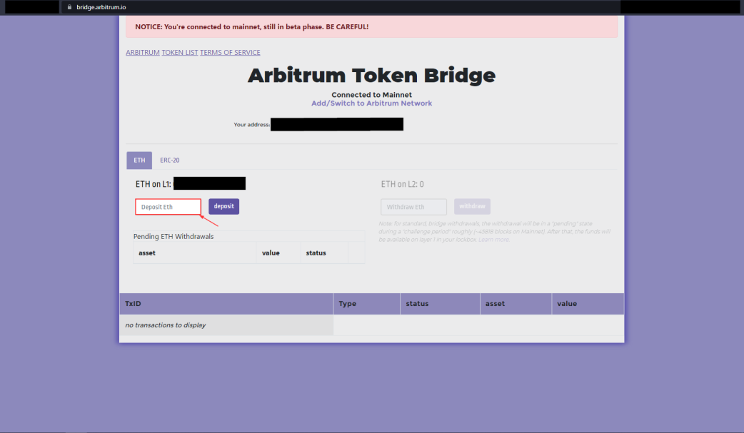 arbitrum bridge display after connecting metamask