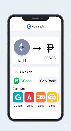 A professional, blog-friendly flat design illustration of a smartphone screen showing the Coins.ph app. The screen displays Ethereum (ETH) converting into Philippine pesos (₱), with icons for cash-out options like GCash and various banks.