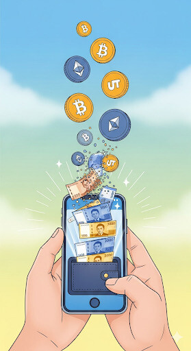 A positive, motivational digital illustration of a person holding a smartphone. Above the phone, various crypto coins are floating and transitioning into Philippine peso bills that are appearing on the smartphone screen. The style is clean, hopeful, and suggests the concept of converting crypto into real cash.