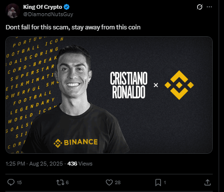 Twitter warning about a scam using Cristiano Ronaldo’s image with Binance branding to promote a fake coin, illustrating celebrity-based crypto fraud.