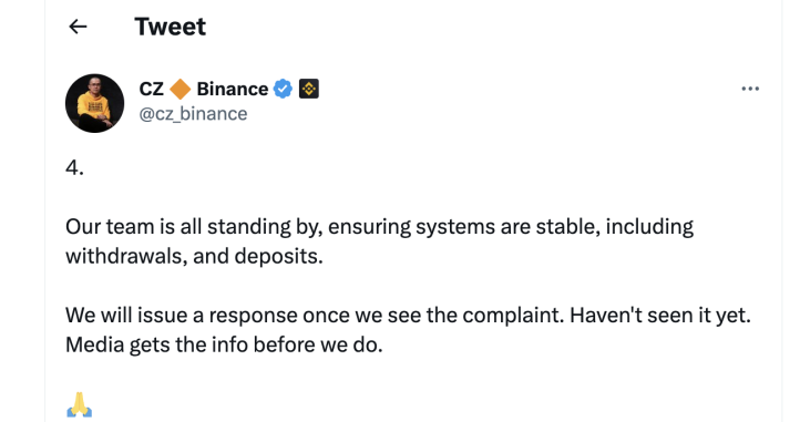 reaction from CZ Binance