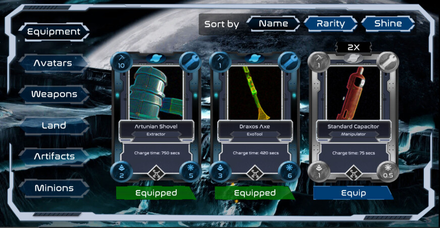 alien worlds equipment screen