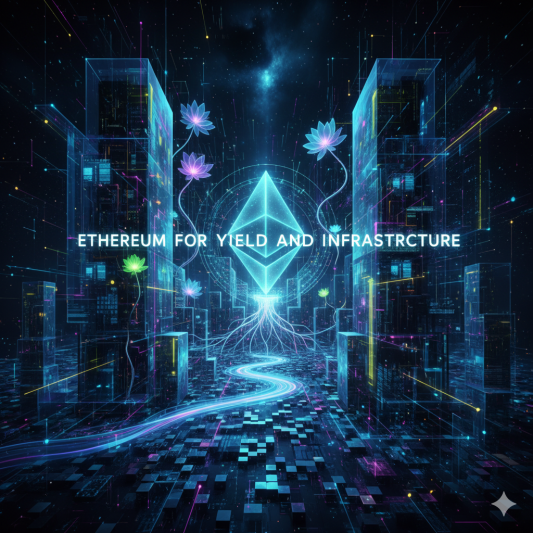 Ethereum logo powering a futuristic city with branching rollups, symbolizing yield and core infrastructure.