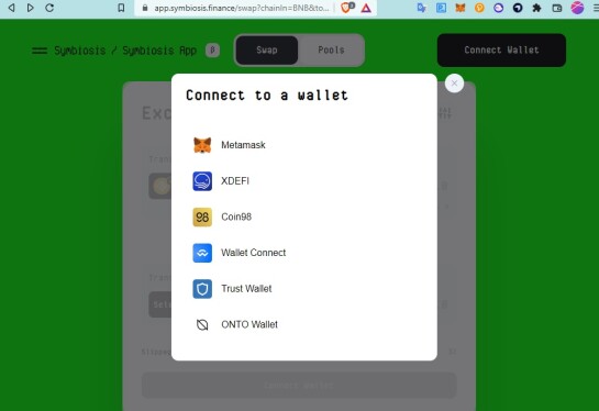 here you can see all the wallets available to connect with symbiosis