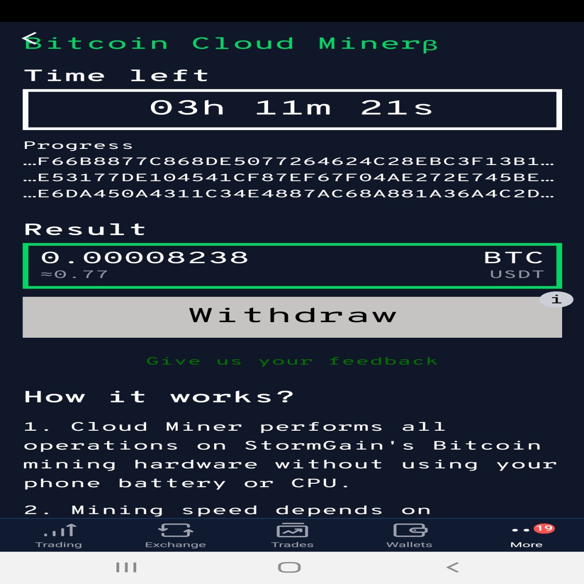 StormGain cryptominer in action.