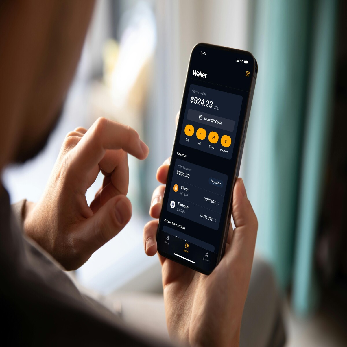 A beginner using a mobile wallet with crypto icons around.