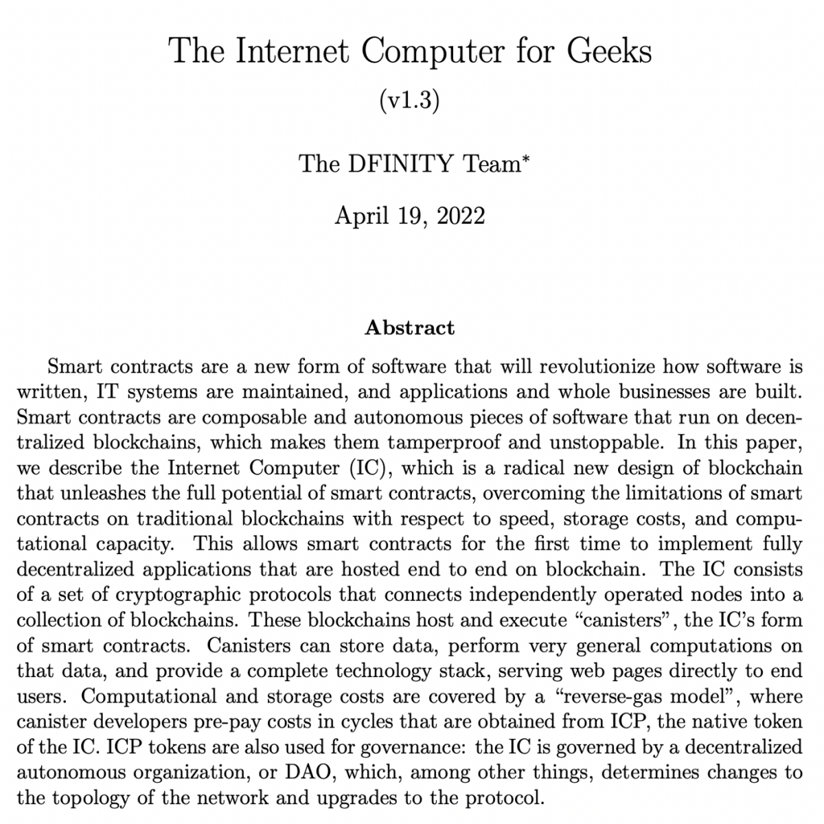 (Page one of the Internet Computer whitepaper)