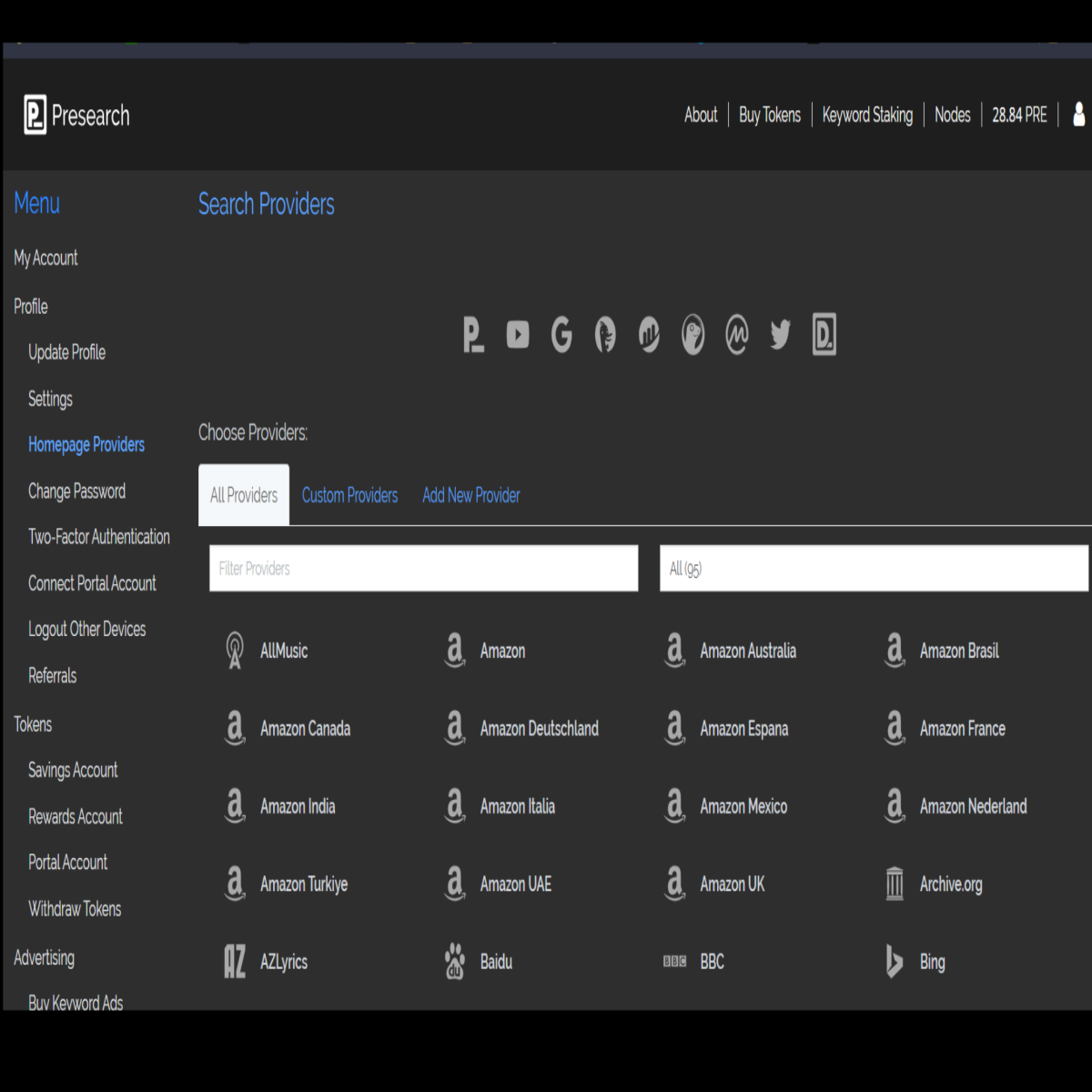 Presearch search providers