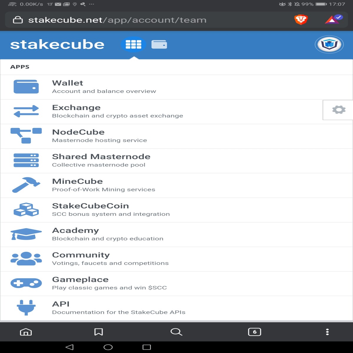 Stakecube menu page