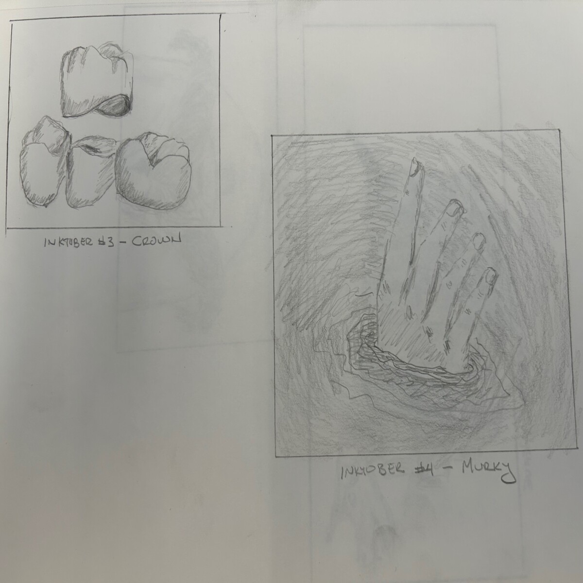 2 Sketches in pencil: dental crown, hand emerging from water