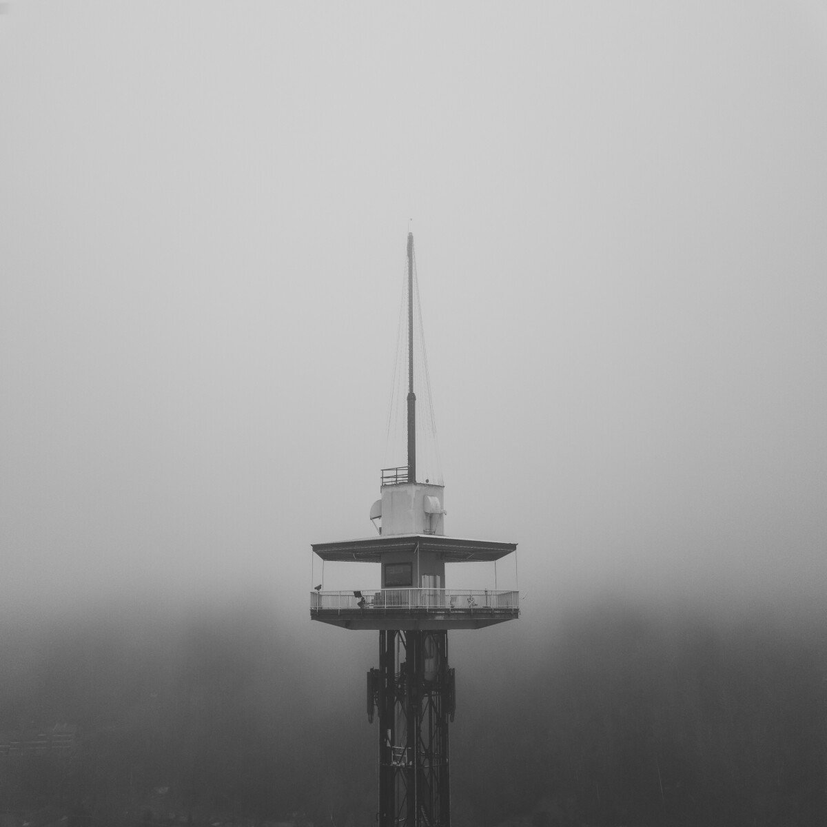 Space Needle in Gatlinburg, Tennesse on a hazy day in black and white