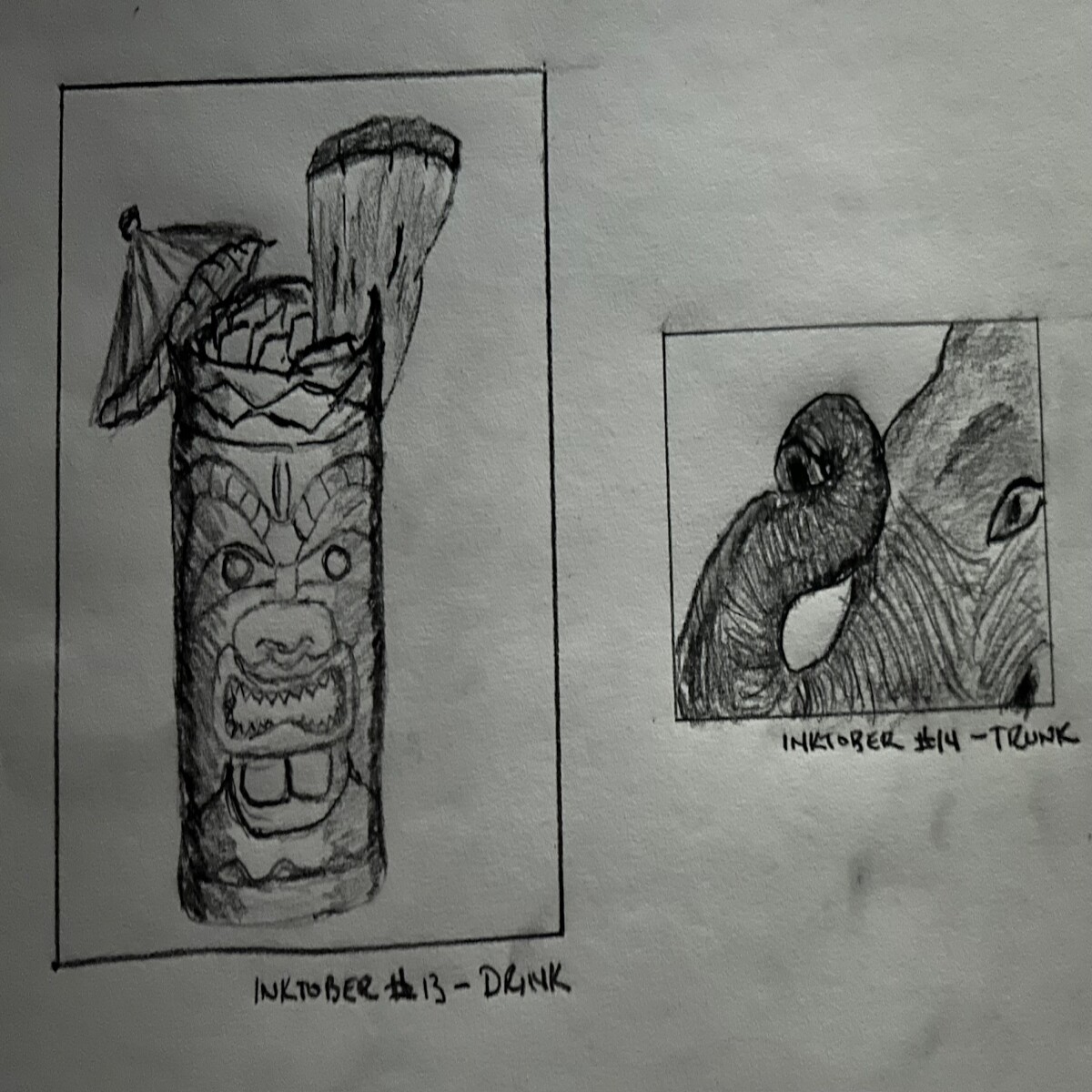 2 pencil sketches: tiki cocktail, elephan’s head