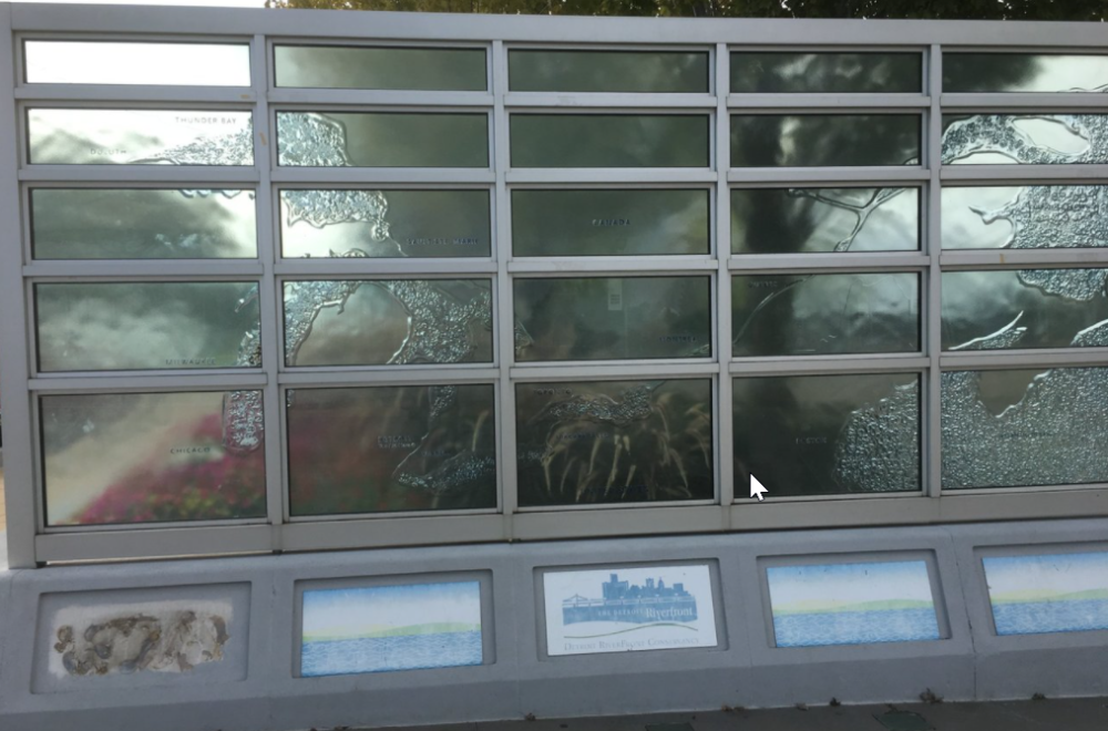 The Great Lakes sculpted in glass, Detroit waterfront