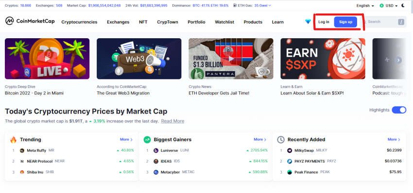 Coinmarketcap home page