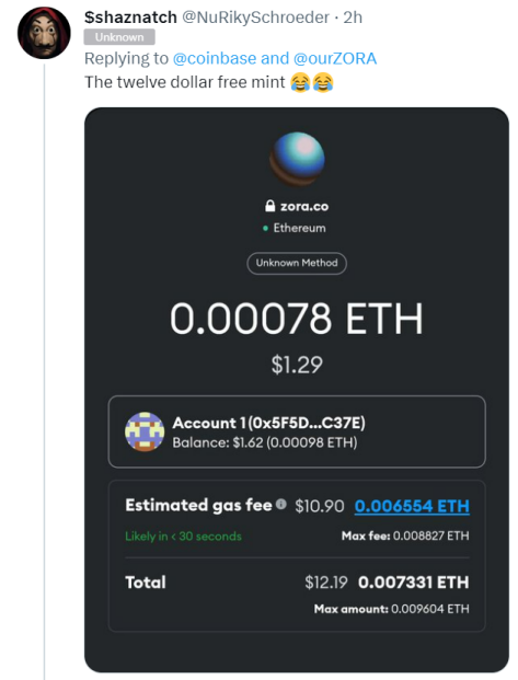 Coinbase NFT gas fee tweet #1.