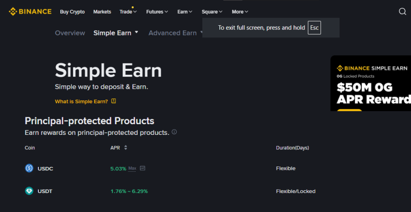 Binance Simple Earn interface displaying standard APR rates for USDT and USDC compared to high yield farming returns.