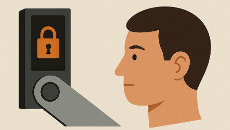 Illustration of a person staring at a cold wallet device with a padlock symbol, representing doubts about cold wallet security in 2025 amid rising cold wallet hacks.      Ask ChatGPT