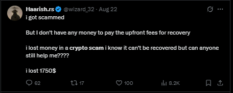Twitter post exposing a direct message scam with fake account credentials and a suspicious website, claiming to hold over 1.6 million USDT.