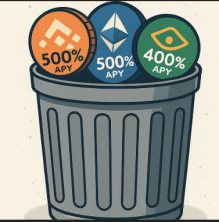 A digital illustration of a trash bin filled with shady DeFi coins promising 400%–500% APY, symbolizing scammy or unreliable crypto platforms.
