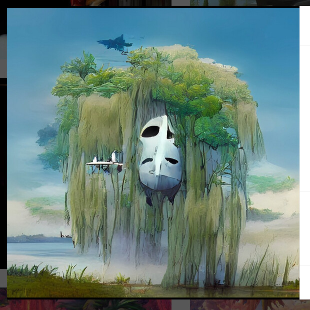 that's to weird to be describe but there's a returned floating head that looks like a floating island on a beautiful day