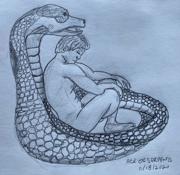 man resting in serpent's coils - drawing in pencil
