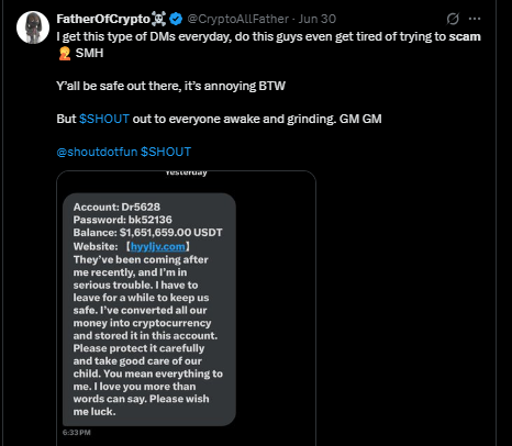 Twitter post showing a fake inheritance scam message where a supposed person with terminal illness shares login credentials and claims to leave 2.6 million USDT, a typical phishing attempt.